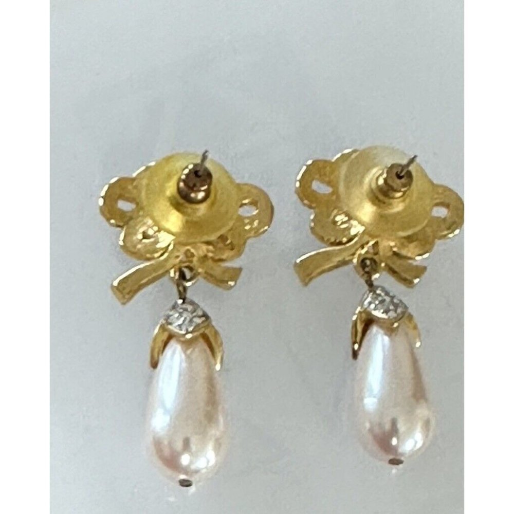 Vintage Faux Dangle Pearl Rhinestones Gold Tone Ribbon Earrings Special Event - Picture 4 of 8